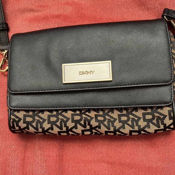 DKNY evening clutch black canvas and brown textile logo new without tags